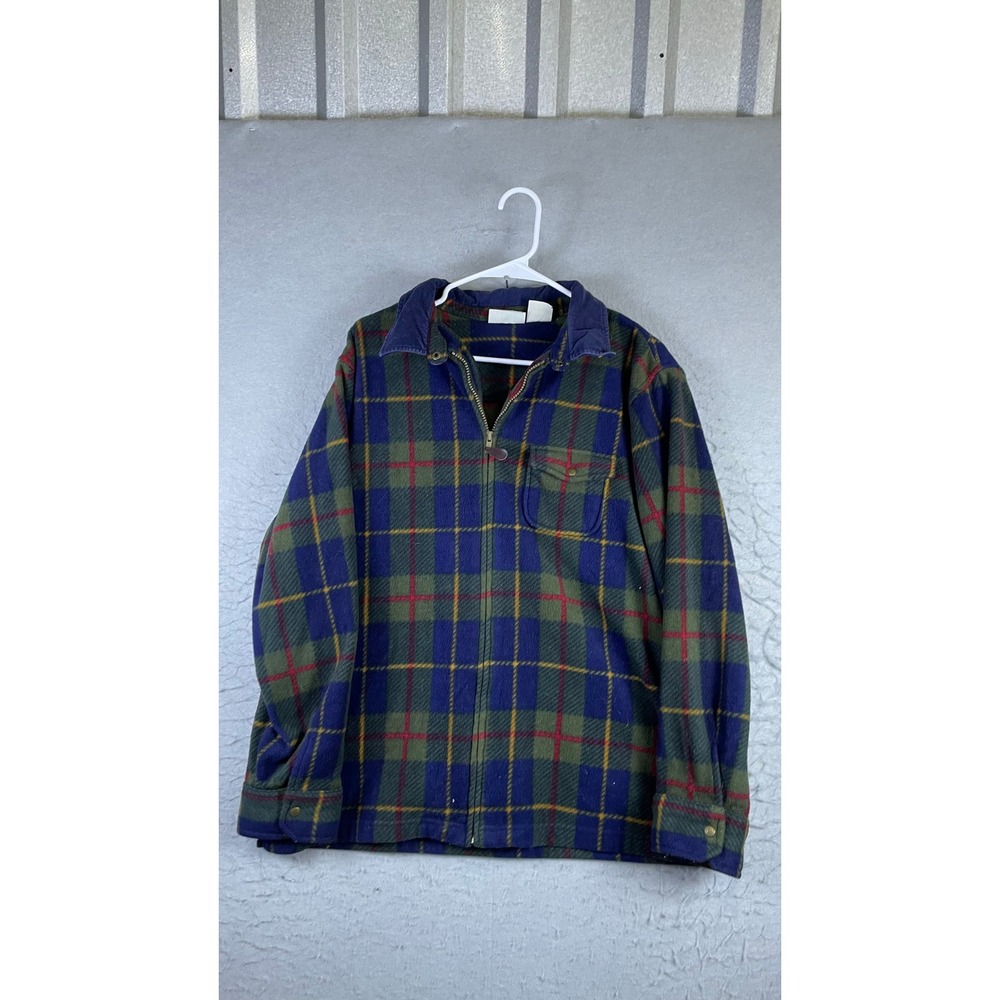 Basic Editions Fleece Shirt Jacket Mens Large Blue Green Plaid Excellent Zip Up